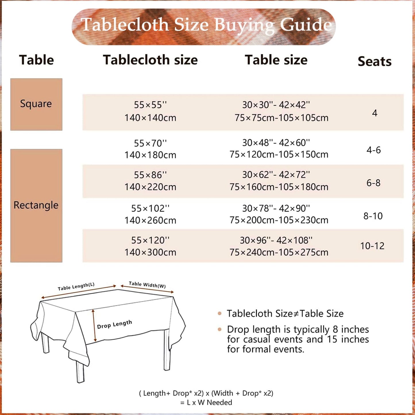 Joyfol Day 55x102 Inch Thanksgiving Tablecloth - Rust Tartan Rectangle Table Cover, Washable Fall Decor for Holiday Parties (Kitchen/Dining)