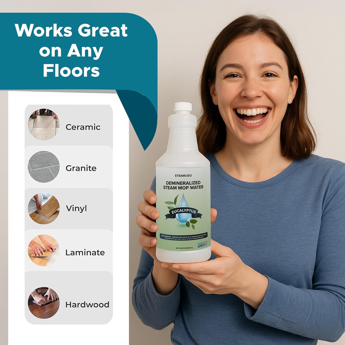 Steam & Go Demineralized Water | Ready-to-Use Eucalyptus Mint Steam Cleaner Solution, 32 oz