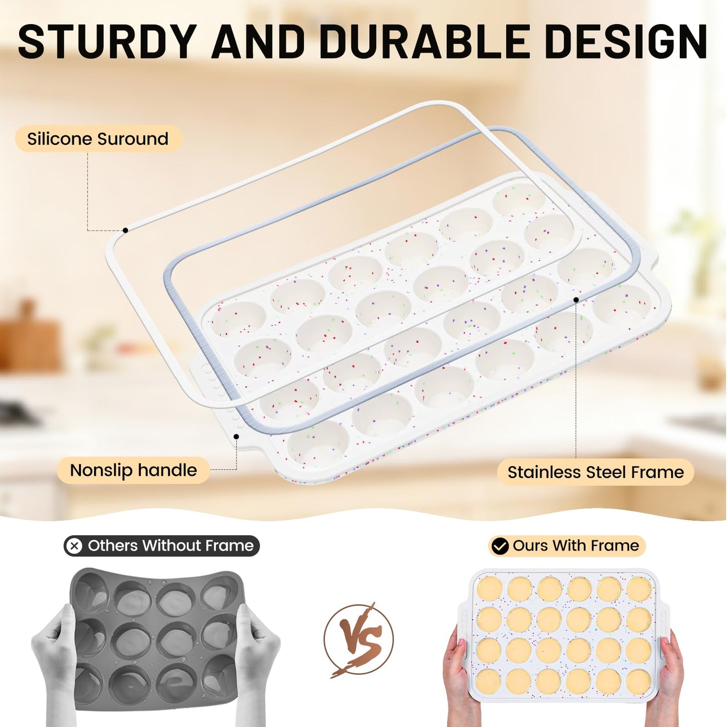 Vinino 2-Pack Silicone Mini Muffin Pan for Baking, 24 Cup Mini Cupcake Pan with Metal Reinforced Frame, Nonstick Muffin Tray with Non-Slip Handle, Silicone Molds for Oven, BPA Free, Dishwasher Safe