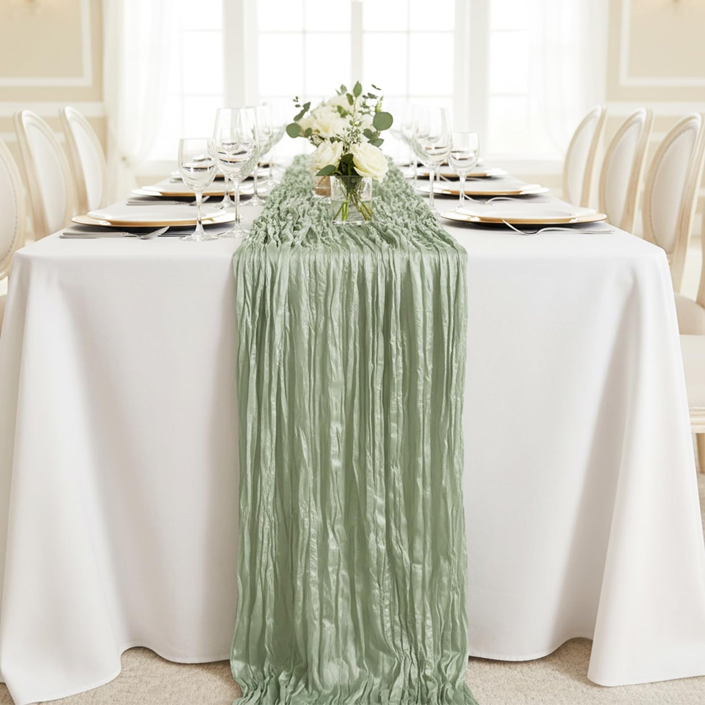 Sage Green Table Runner 35x120 Inch Cheesecloth Table Runner 1 Pack for Baby Shower, Boho Decor, Wedding Decoration, Jungle Theme Party