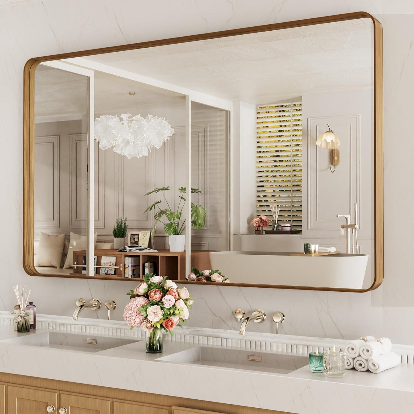LOAAO Bathroom Mirror - 60X28 Inch Rounded Rectangle Design with Wood Grain Metal Frame | Anti-Rust, Versatile Hanging Options