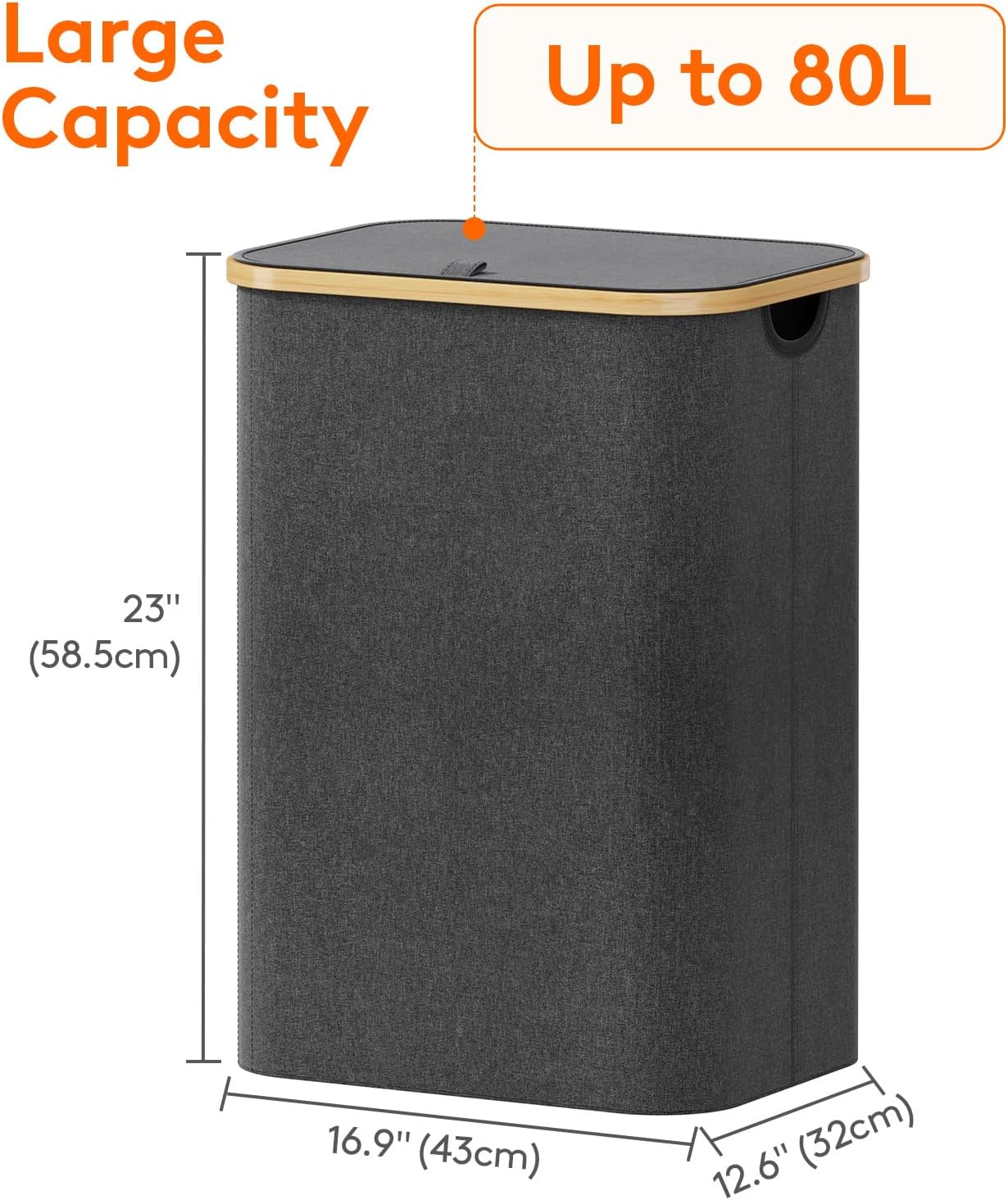 Lifewit 80L Laundry Basket - Foldable Hamper with Lid & Bamboo Handles | Dark Gray, Removable Bag