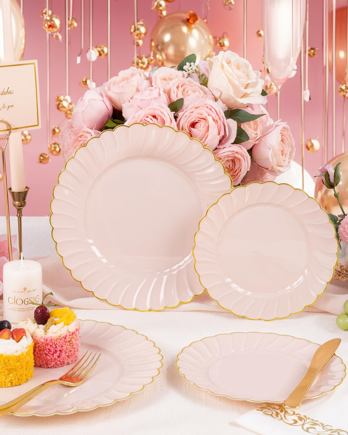 YOUBET 175PCS Pink Scalloped Plastic Plates - Gold Disposable Dinnerware Set Include 50 Plates, 75 Gold Silverware, 25 Cups, 25 Napkins for Party & Wedding & Baby Shower Mothers Day