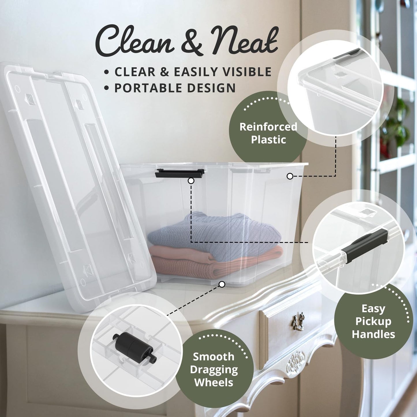 Lifetime Appliance Parts 75 Qt. Plastic Storage Bin - Ultra Durable Lids & Secure Latching Buckles | Stackable Clear with Black Handle
