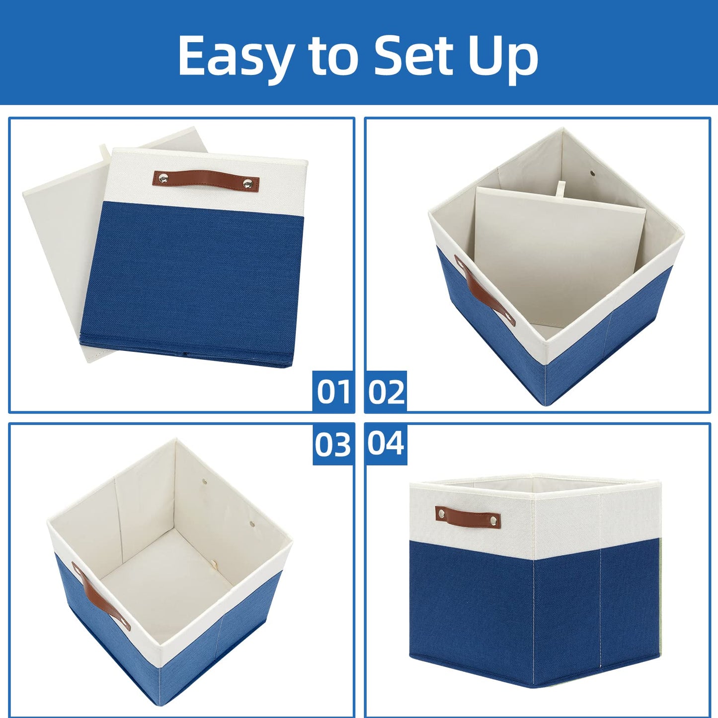 Temary Collapsible Storage Boxes - 12x12 Blue Cube Storage Bins with Handles for Organizing Home, White&Blue