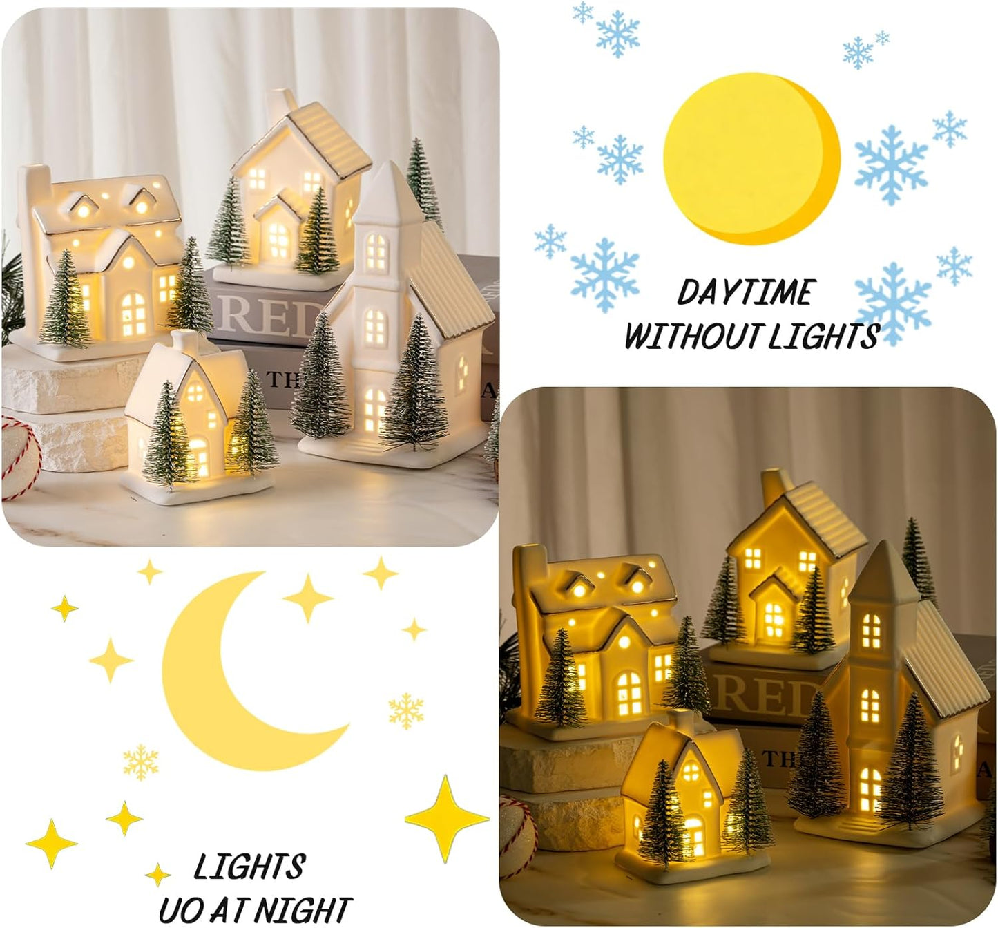 Skiennix Ceramic Christmas Village Set - LED Porcelain Houses with Xmas Trees | 4-Piece Tabletop Decor