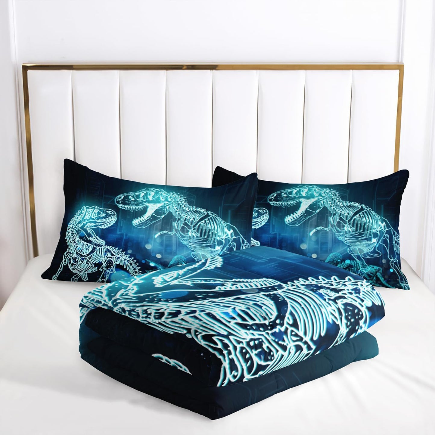 Dinosaur Comforter Set for Teens Boys Girls,Dino Eyes 3 Pieces Bedding Set Queen,Dark Blue Lightweight Down Alternative Bedding Sets for All Season