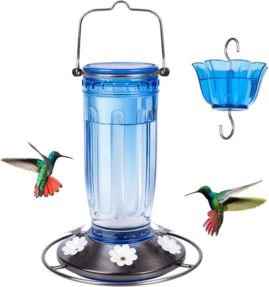 Kingsyard Glass Hummingbird Feeder - 6 Feeding Ports for Outdoor Gardens | Blue with Ant Moat Included