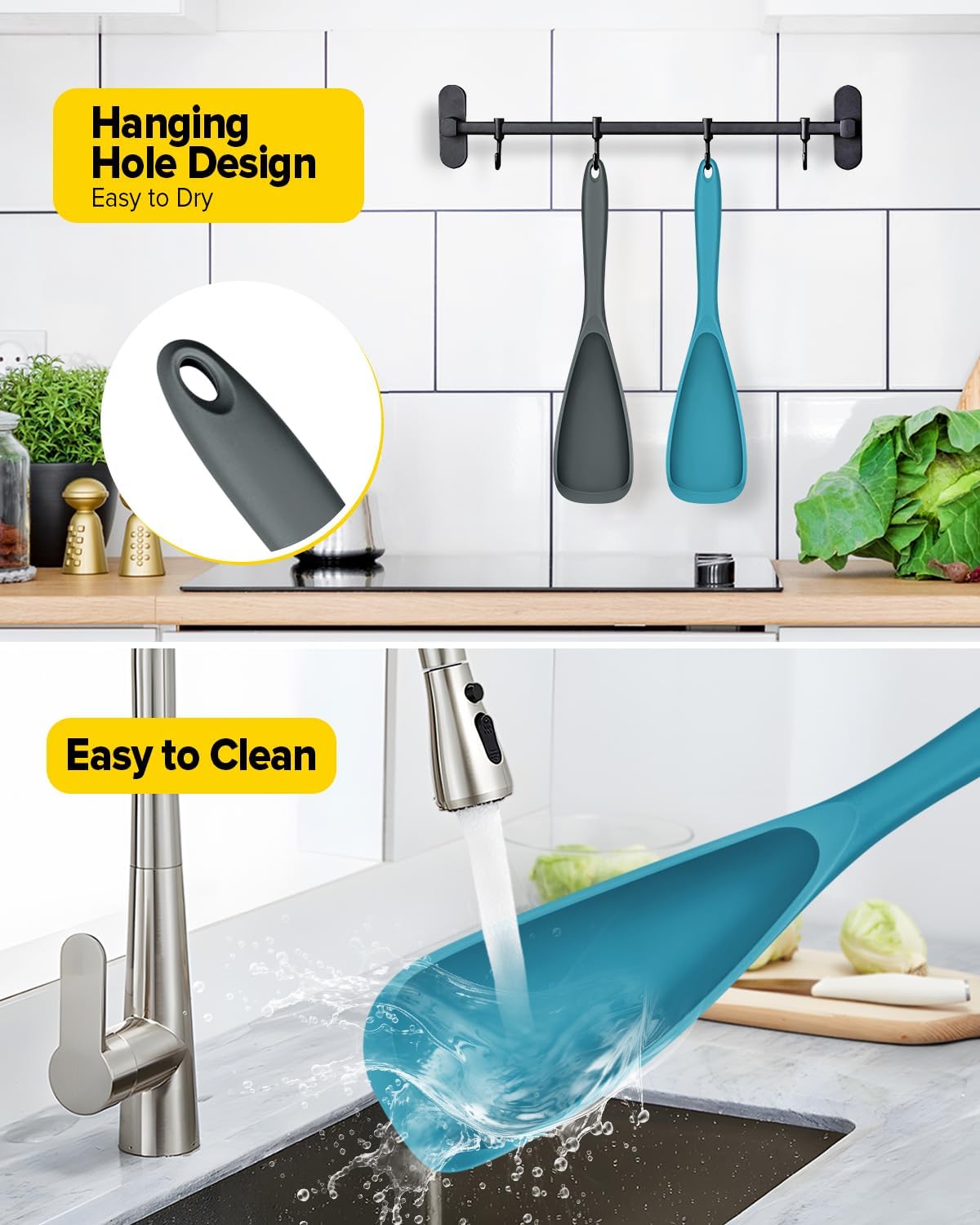 Skiennix Cooking Spoons - BPA-Free Non-Stick Spatula Set | Pack of 2, Gray-Blue Color