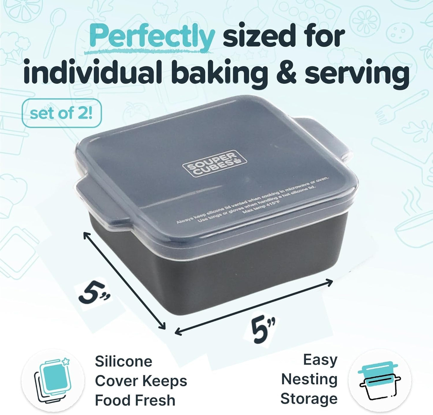 Souper Cubes Stoneware | Premium 5" x 5" Mini Baking Dishes with Silicone Covers - Set of 2 in Charcoal