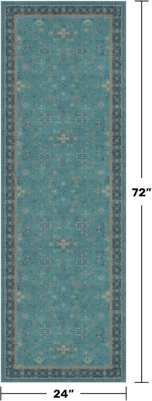 Hazo Haus Boho Kitchen Rug Runner - Teal Non-Slip Washable Design for Bathroom & Hallway