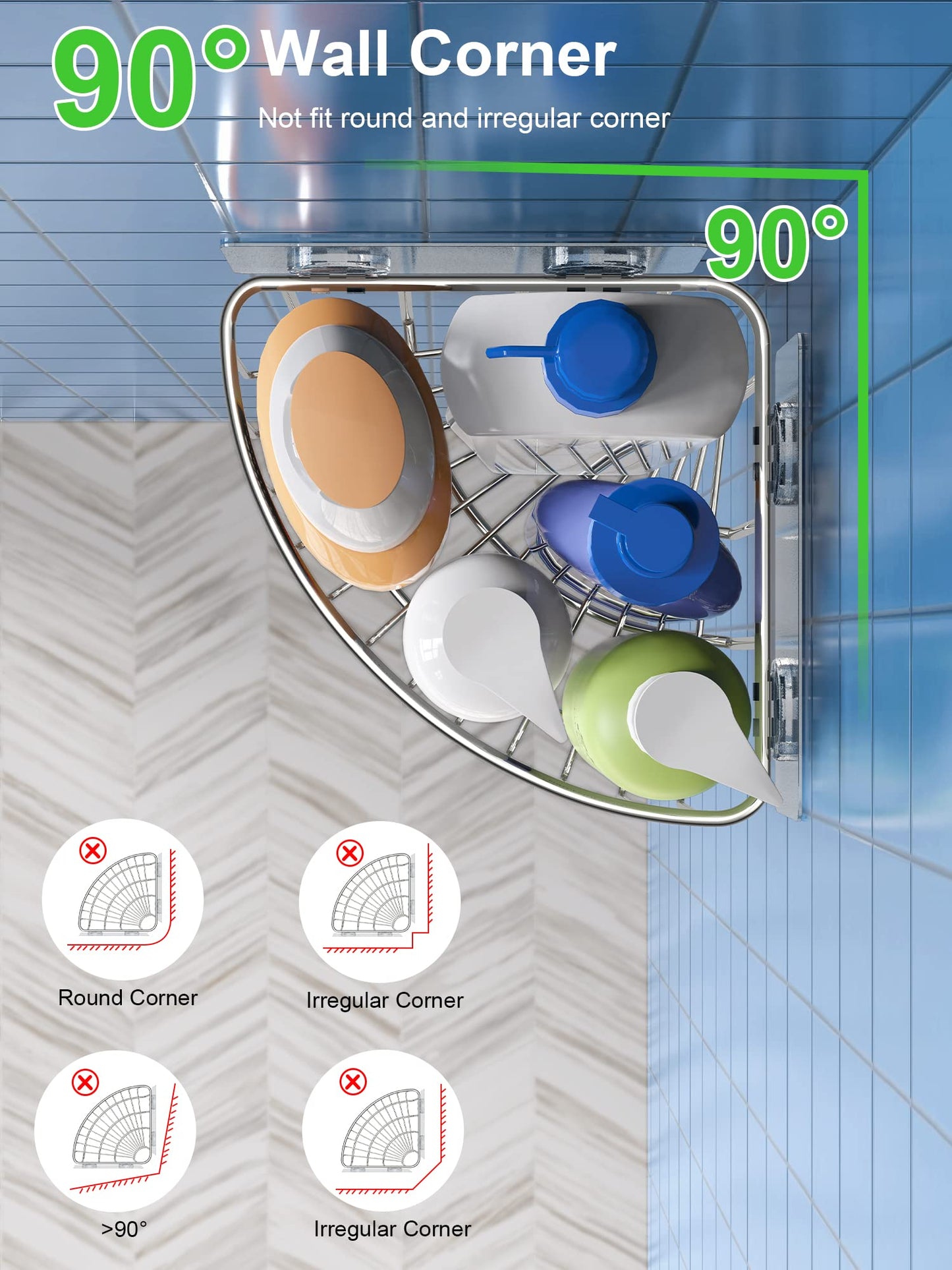 SMARTAKE 2-Pack Corner Shower Caddy Deep Basket Design, SUS304 Stainless Steel, Wall Mounted Bathroom Shelf with Adhesive, Storage Organizer for Toilet, Dorm and Kitchen (Silver)