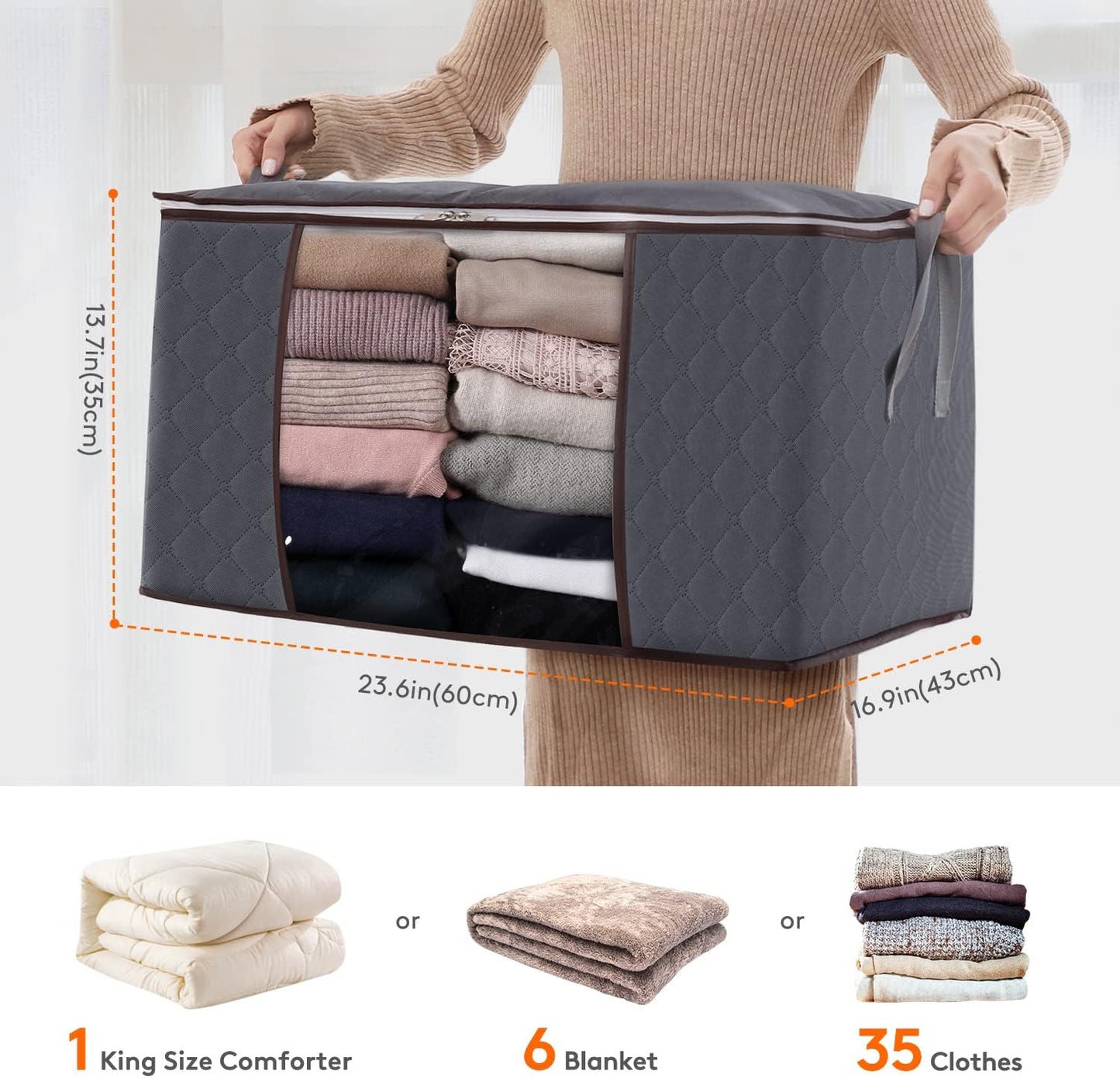 Lifewit 90L Large Storage Bags - 6 Pack Closet Organizers with Lids | Foldable Containers for Clothing, Bedding, Gray