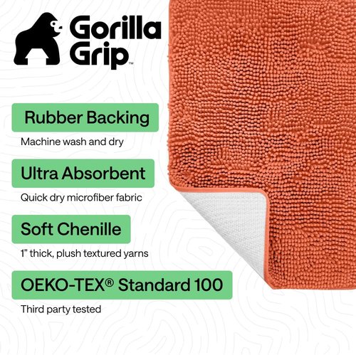 GORILLA GRIP Bath Rug Mat - Thick Soft Absorbent Chenille | Quick Dry Microfiber, 44x26, Coral