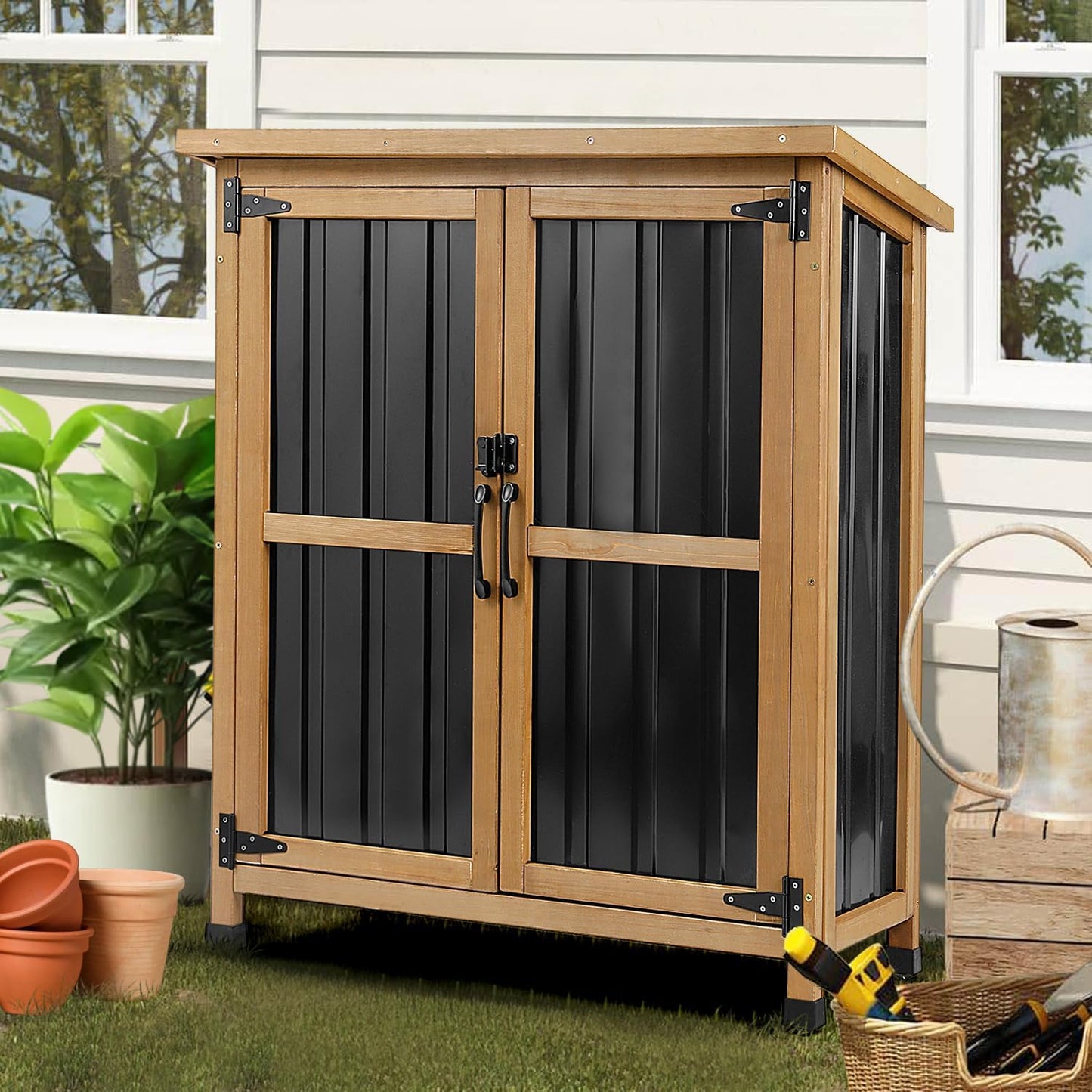 PetsCosset Weatherproof Outdoor Storage Cabinet - Lockable Wood & Metal Garden Shed for Tools & Pool Accessories