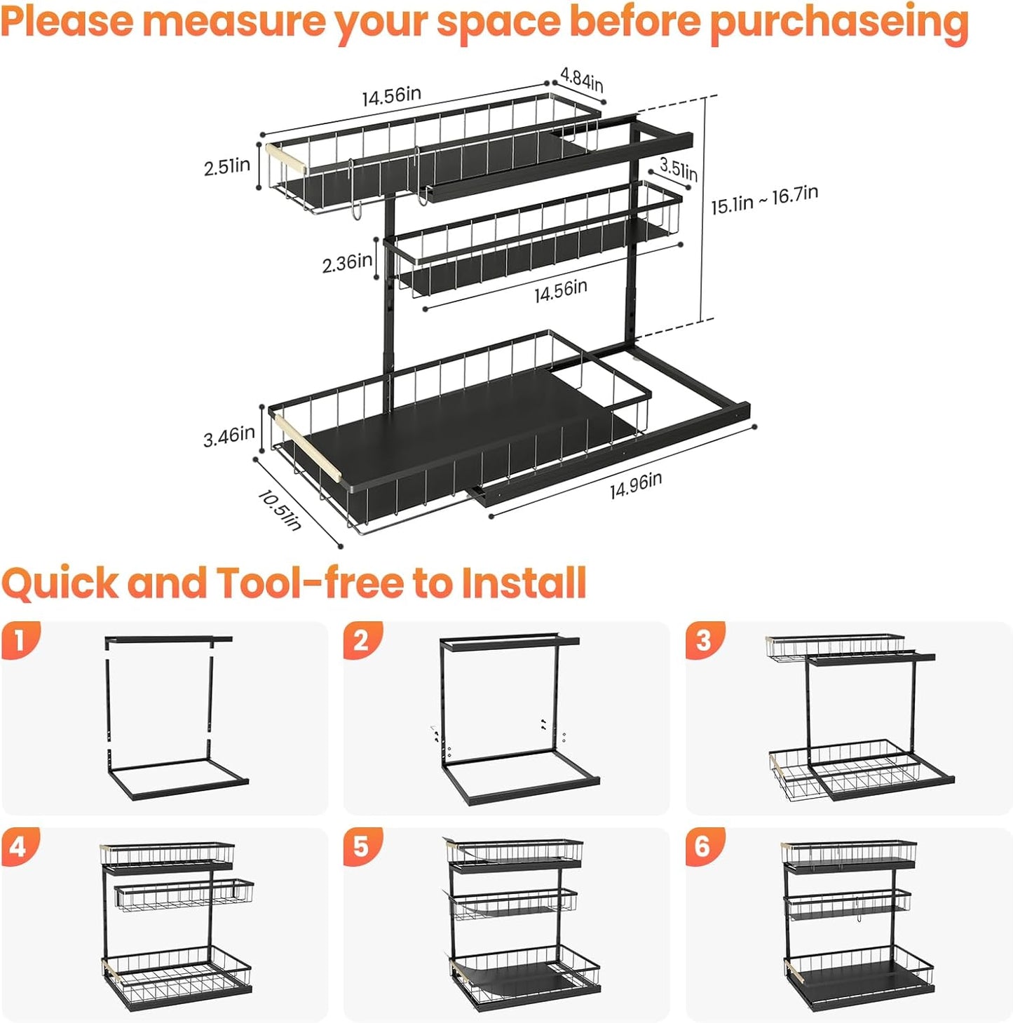 Under Sink Organizer by [Brand Name] - 3-Tier Pull-Out Shelf Storage for Bathroom & Kitchen - 2 Pack