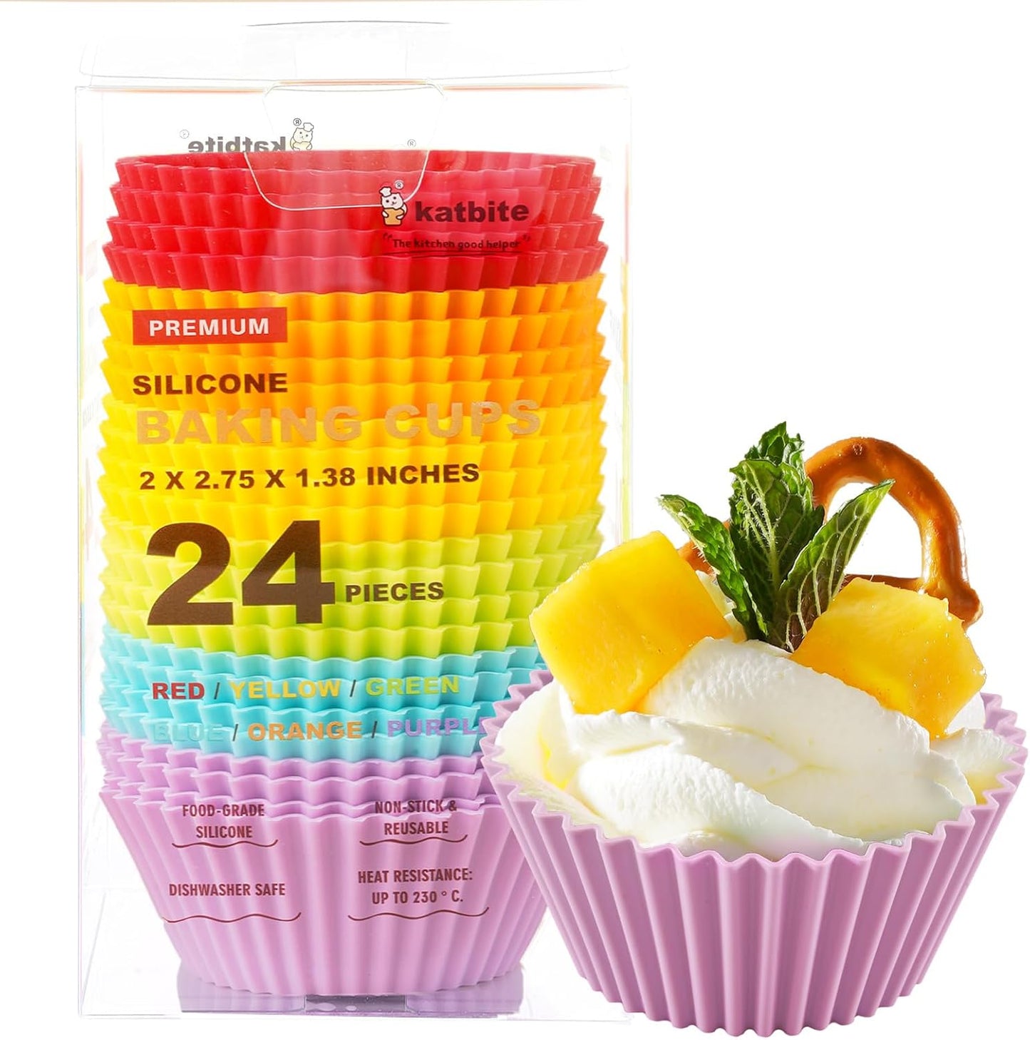 Katbite Silicone Cupcake Liners - 24 Pack Non-Stick Muffin Molds | Heavy Duty Multicolor Baking Set