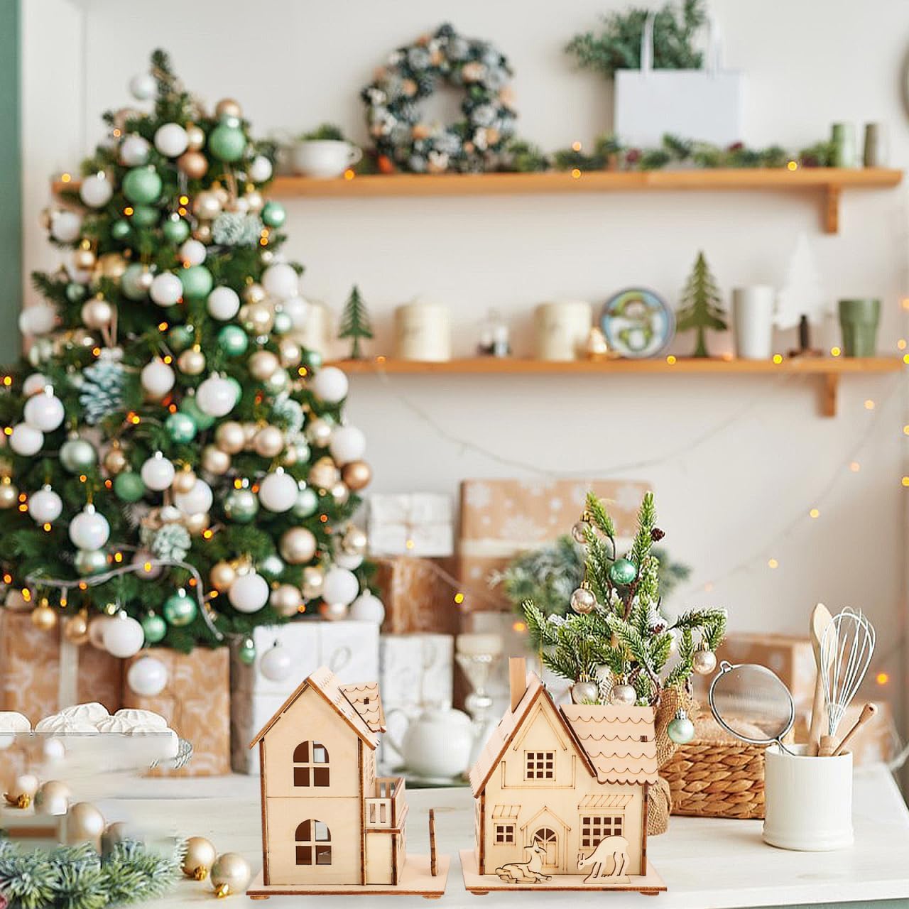 Rustic Christmas Village Houses by [Brand Name] - LED Light Wooden Decor for Holiday Centerpieces | 3 Pcs Set