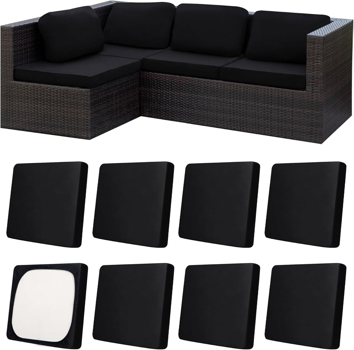 Skiennix 8Pcs Patio Cushion Covers - Washable & Reusable Outdoor Furniture Protectors (Black)