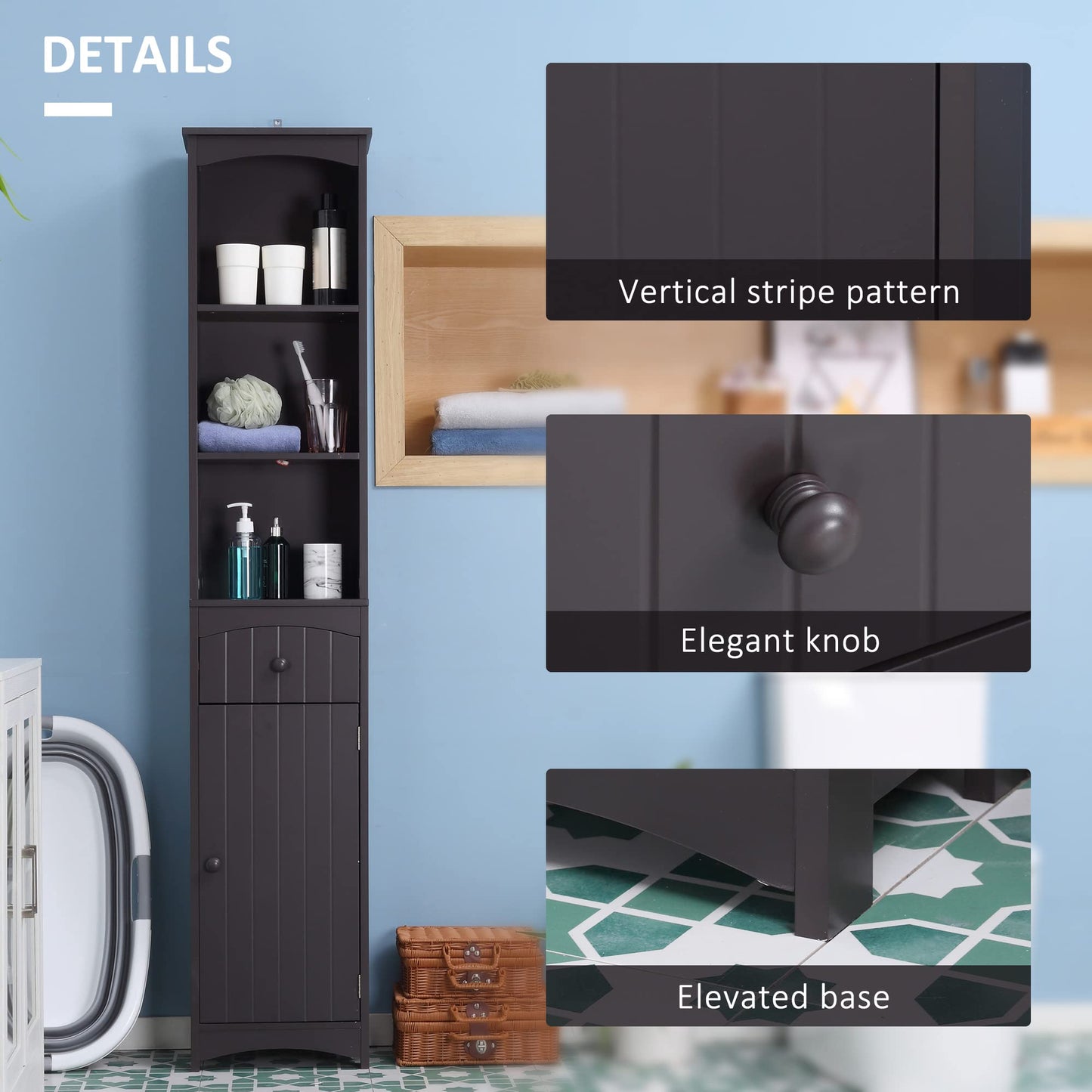 HOMCOM Bathroom Storage Cabinet, Free Standing Bathroom Storage Unit, Tall Linen Tower with 3-Tier Shelves and Drawer, Brown