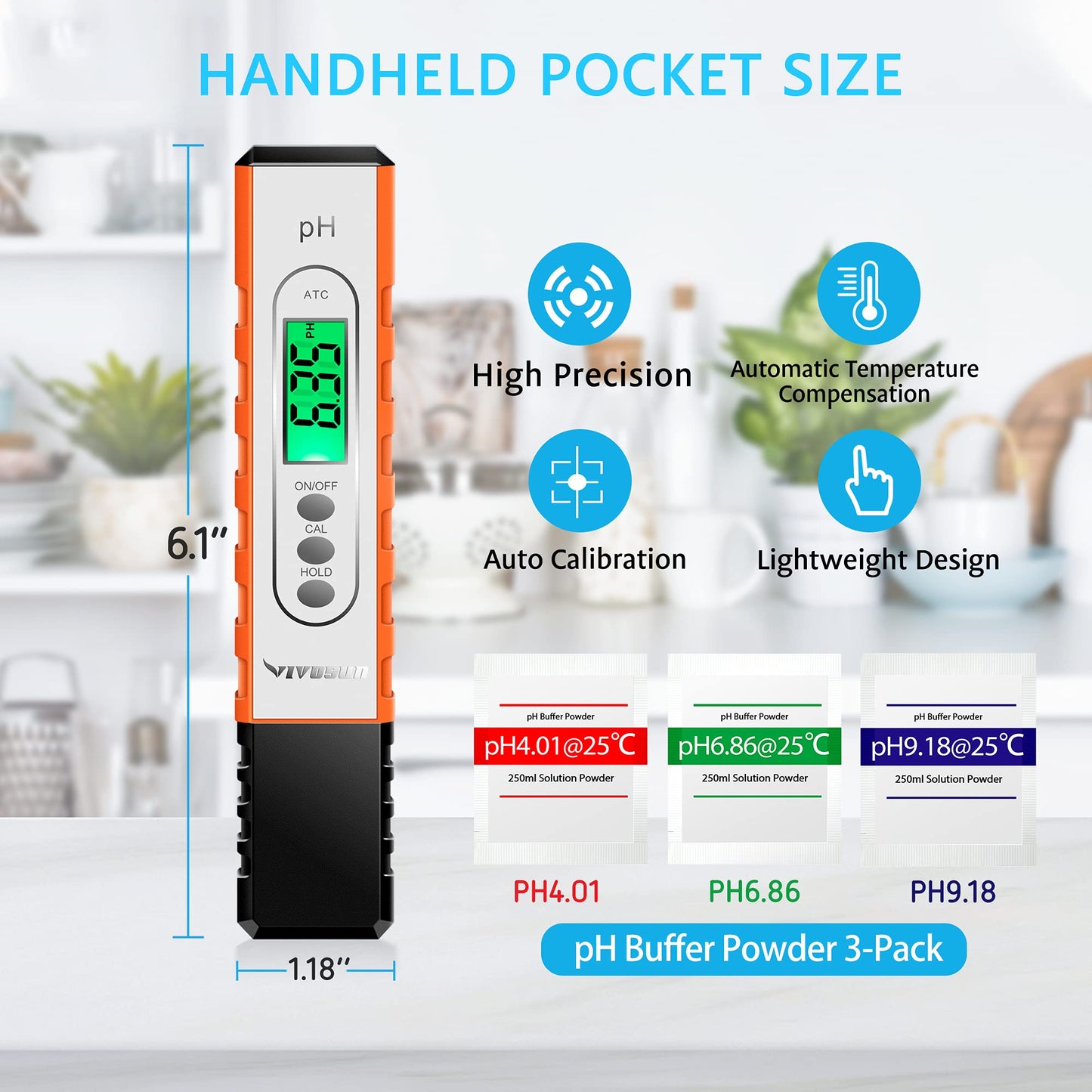 VIVOSUN PH Meter Digital PH Tester Pen 0.01 High Accuracy Water Quality Tester with 0-14 PH Measurement Range for Household Drinking, Pool and Aquarium, with ATC, Army Green