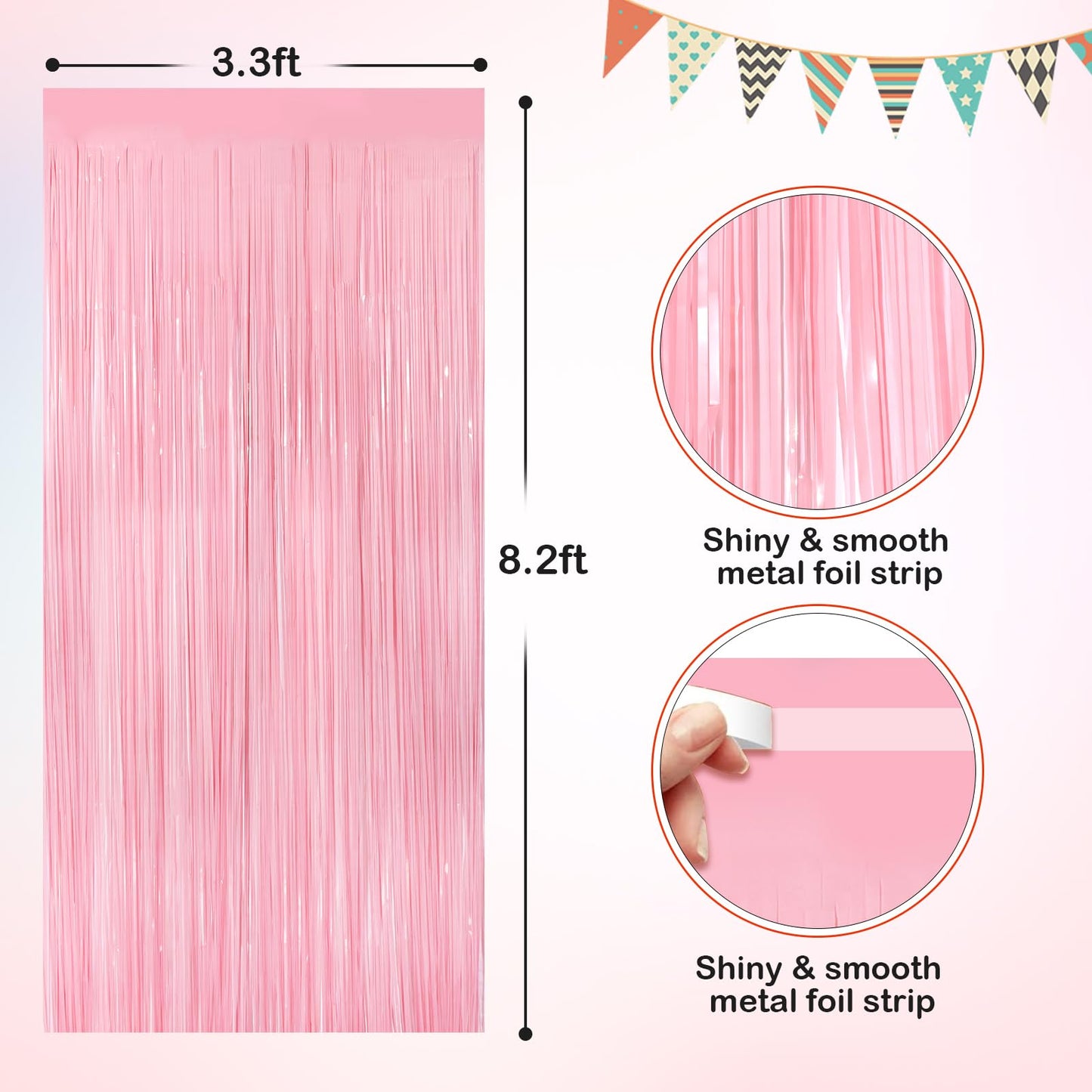 Pastel Pink Metallic Tinsel Foil Fringe Curtains, 2 Pack 3.3x8.3 Feet Tinsel Backdrop for Birthday Wedding Easter Christmas, Pink Fringe Backdrop Foil Curtain for Valentines Day Decorations