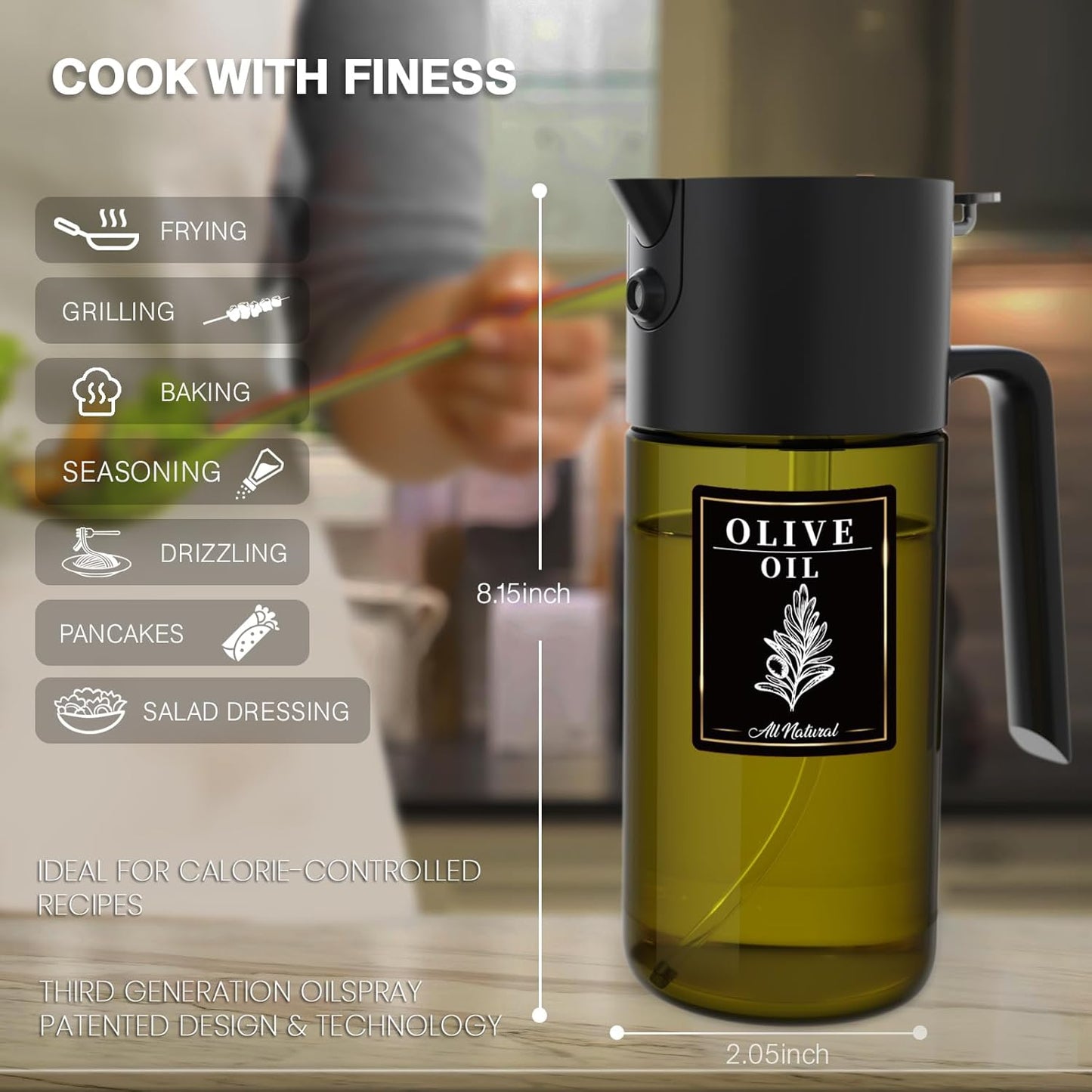 Skiennix 2-In-1 Light-Blocking Dark Oil Sprayer - 500ml Glass Olive Oil Dispenser, Even Spray for Cooking & BBQ - Dark Green