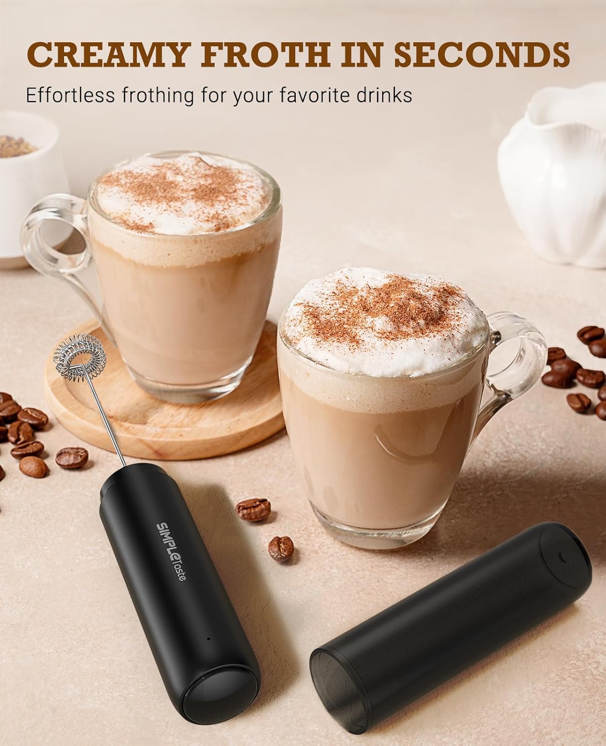 SimpleTaste Handheld Electric Milk Frother - Stainless Steel Whisk for Cappuccino & Latte | USB-C Rechargeable, Black