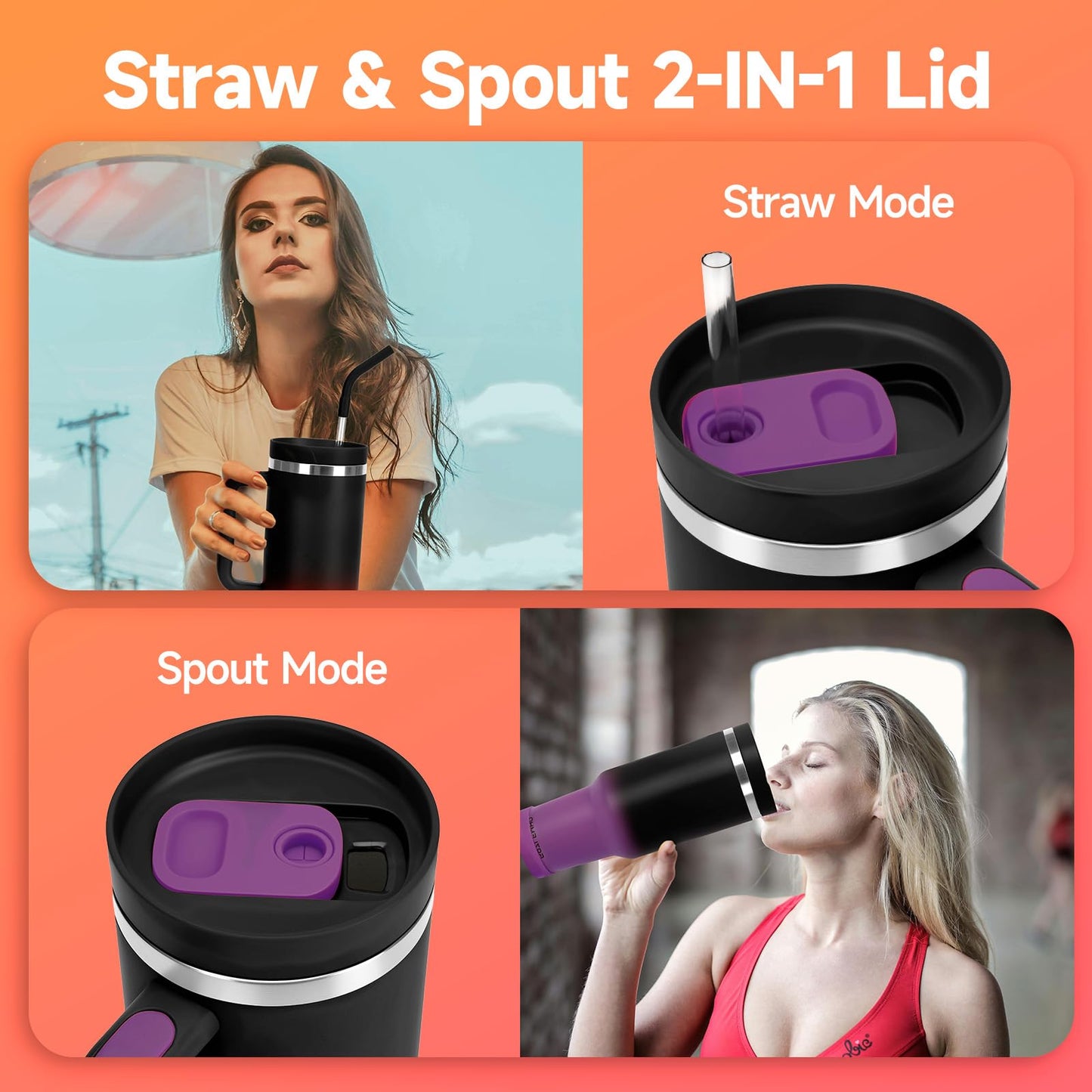 40oz Tumbler with Handle and Straw Spout 2-in-1 Lid, Spill Leak Proof Insulated Travel Cup Traveler Water Mug Keep Cold Hot, Dishwasher Safe Stainless Steel Bottle Gifts for Women Men, Black Purple
