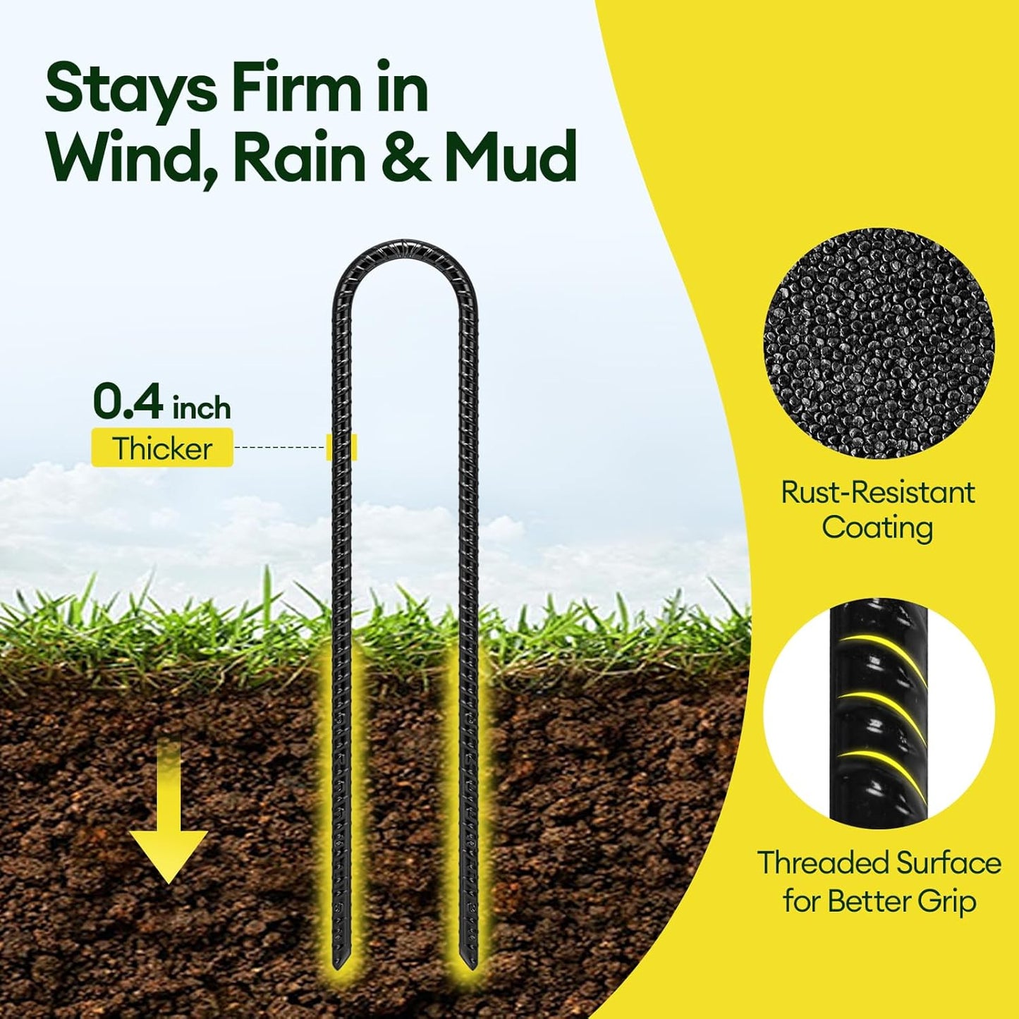 Maygrove 12 Inch Heavy-Duty Rebar Stakes - Galvanized Steel U-Shaped Tent Anchors | 10 Pack, Anti-Rust Black