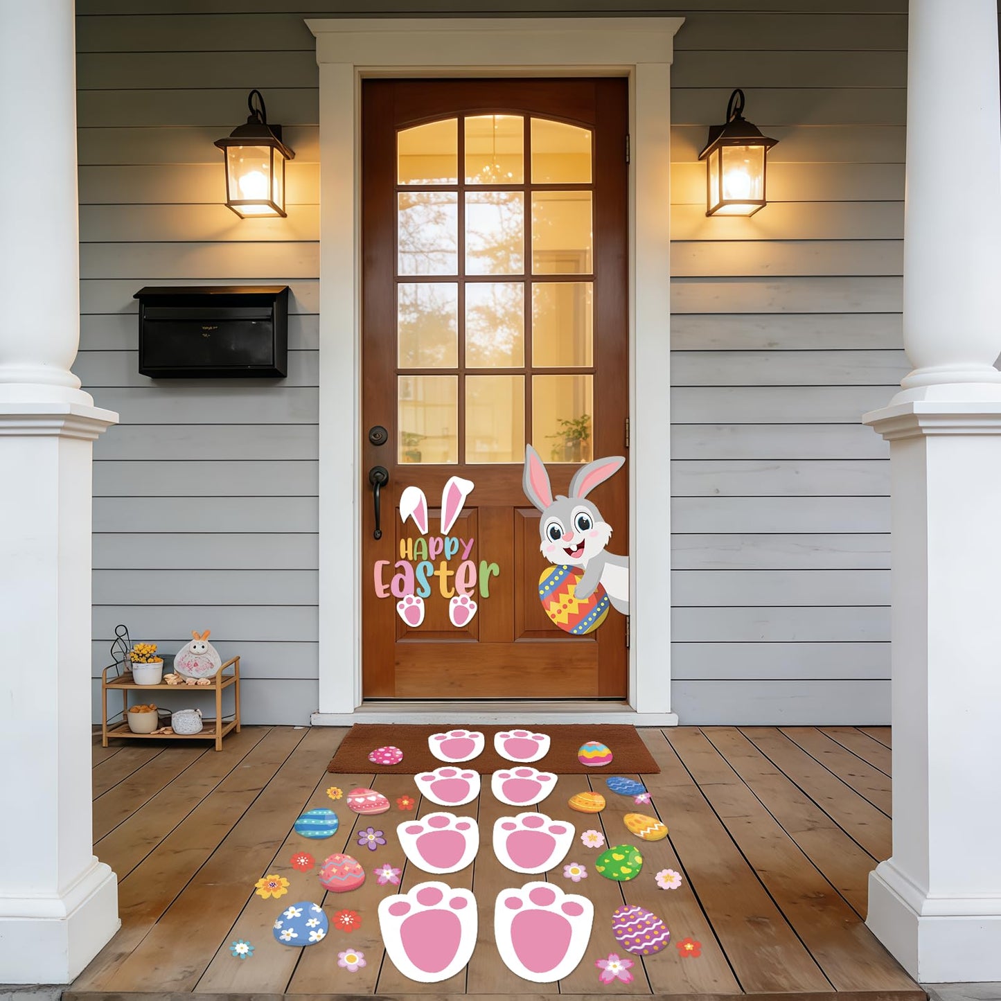 129 Pcs Easter Bunny Footprint Stickers for Floor Removable Easter Bunny Feet Paw Stickers Bunny Paw Print Easter Egg Flower Print Holiday Party Decorations Home Floor Window Decor Egg Hunting Games