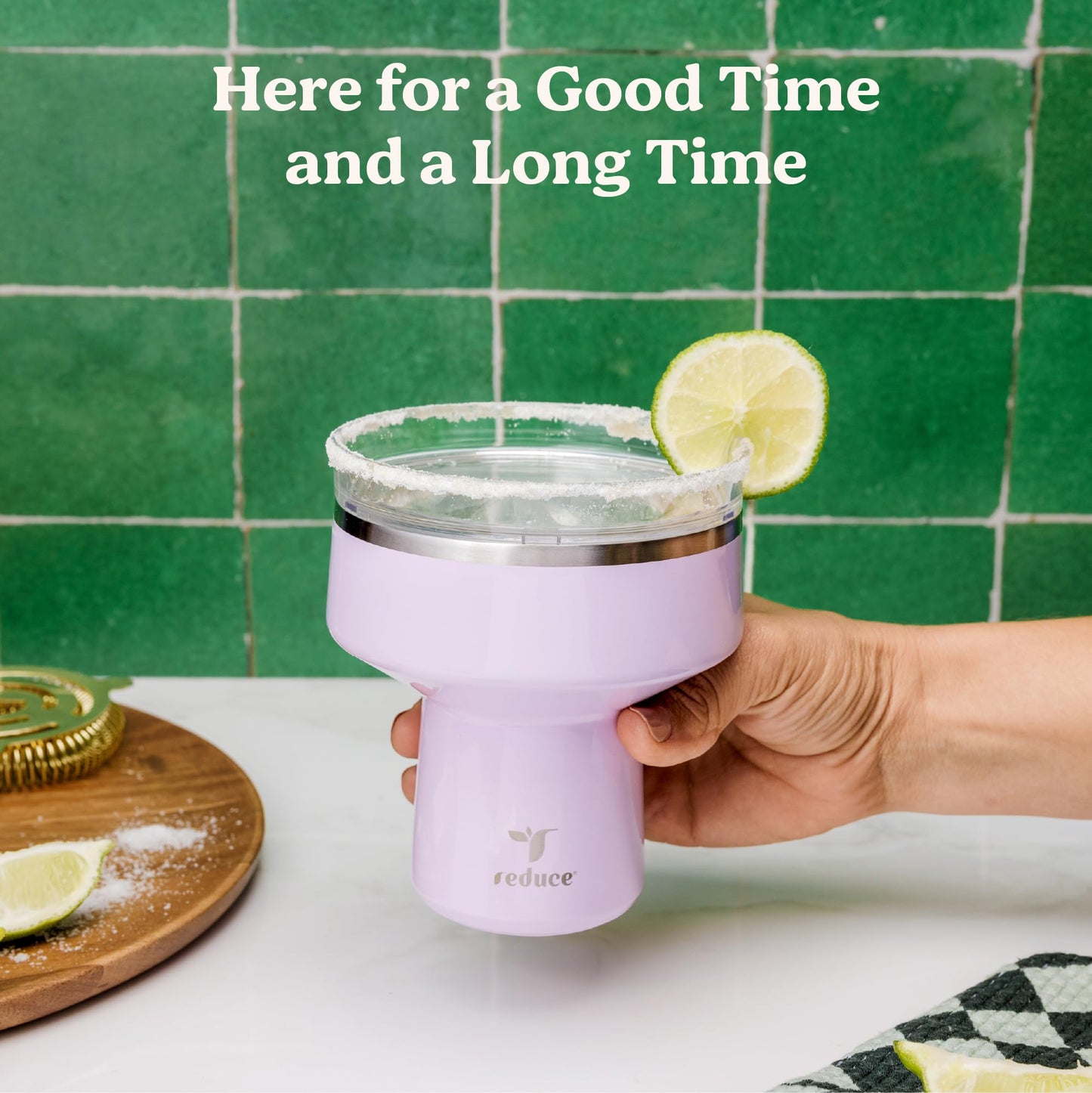 REDUCE Saltini 16 oz Cocktail Tumbler - Insulated Margarita Tumbler with Lid - Keeps Drinks Cold for 10 Hours - 360 Sippable Martini Glass Alternative - Shatterproof, Perfect for Parties - Palm Leaf