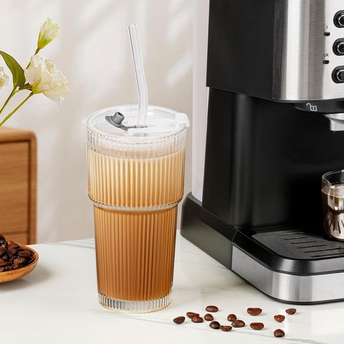 4 Pack 20 Oz Glass Cups with Lids and Straws Iced Coffee Cups Vintage Ribbed Glassware for Beer Ice Coffee Fruit Juice Elegant Aesthetic Cup Glass Iced Coffee Tumbler Include 2 Cleaning Brushes