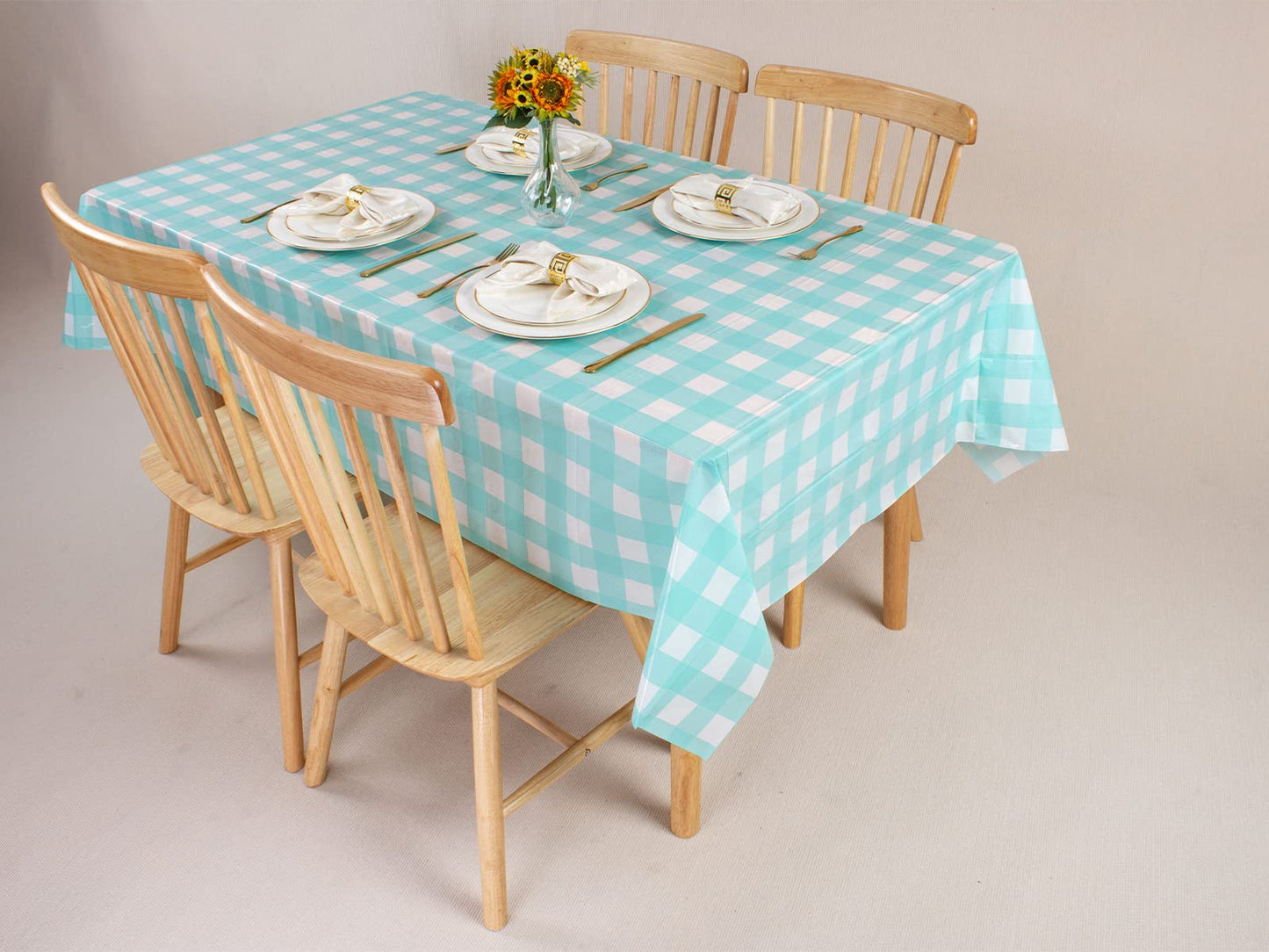 Kesfey 3 Packs Aqua and White Gingham Table Cloths 54 x 108 Inches Disposable Plastic Checkered Tablecovers Waterproof Rectangle Picnic Party Table Covers for Birthday Party Supplies Christmas