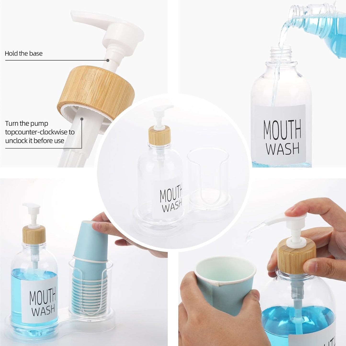 Skiennix Mouthwash Dispenser - 16oz Clear Plastic Bottle with Cup Holder & Tray for Bathroom