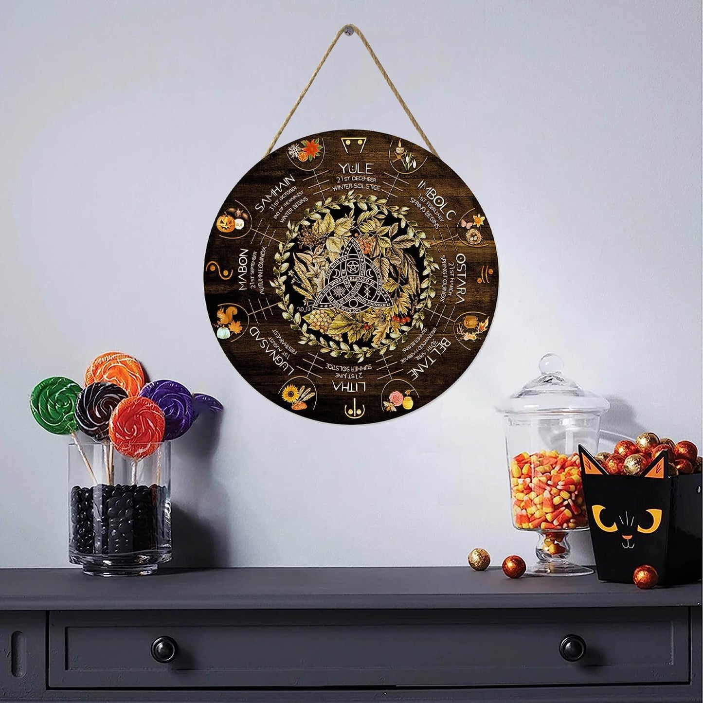 Wheel Year Wood Sign - Sabbats Pagan Witch Decor | Wiccan Calendar for Yule & Halloween | 12x12 Inch