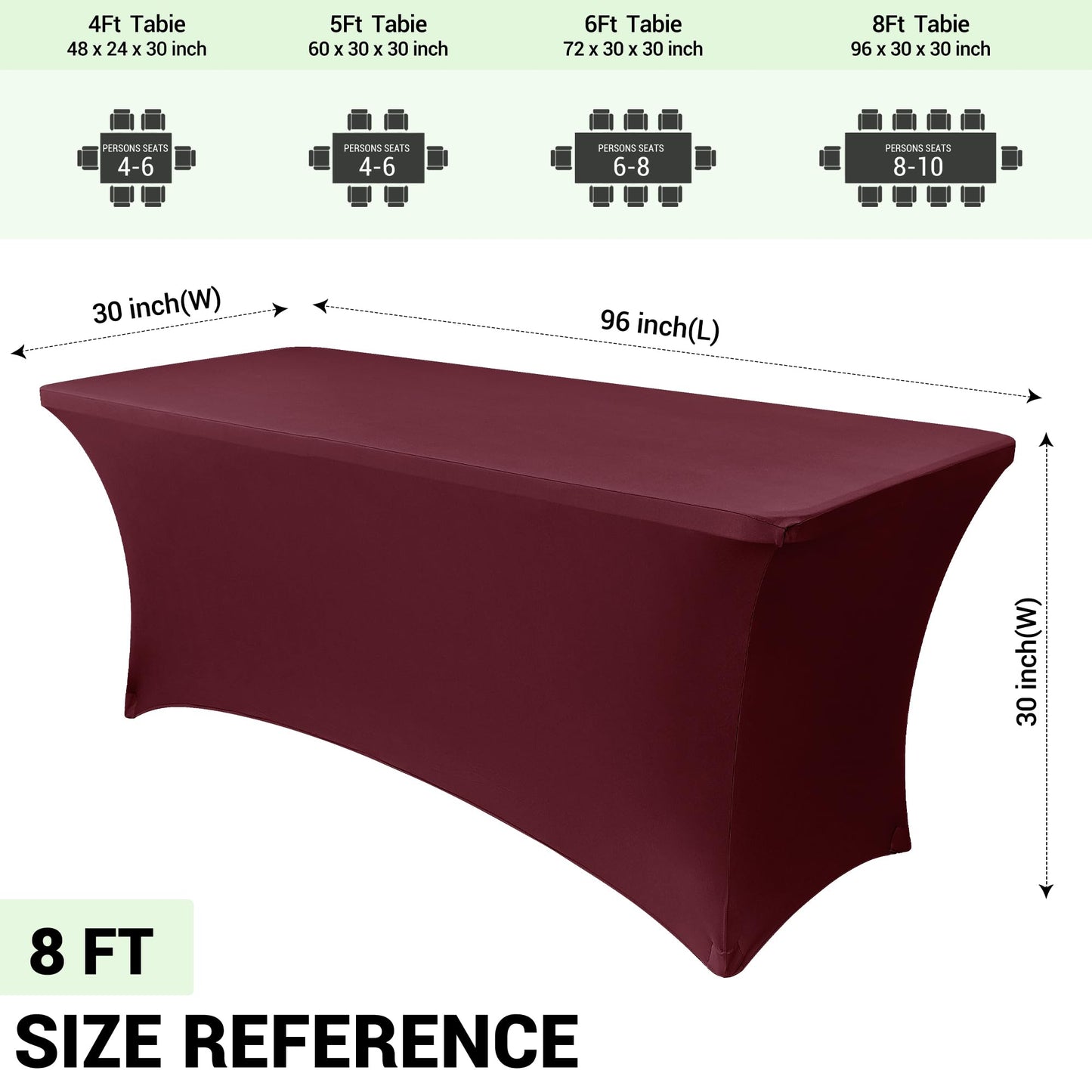 Obstal 8Ft Stretch Spandex Table Cover for Standard Folding Tables - 2 Pack Universal Rectangular Fitted Tablecloth for Party, Banquet, Events, Trade Show (Wine Red, 96L x 30W x 30H Inches)