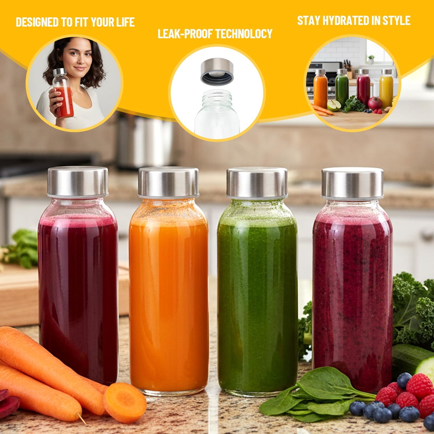 Luxfuel Glass Juice Bottles with Lids 10oz, 6 Pack Reusable Glass Water Bottle with Stainless Steel Caps & Straws, Leak Proof, BPA-Free – Small Juice Bottles for Juicing, Smoothies & Fridge Storage