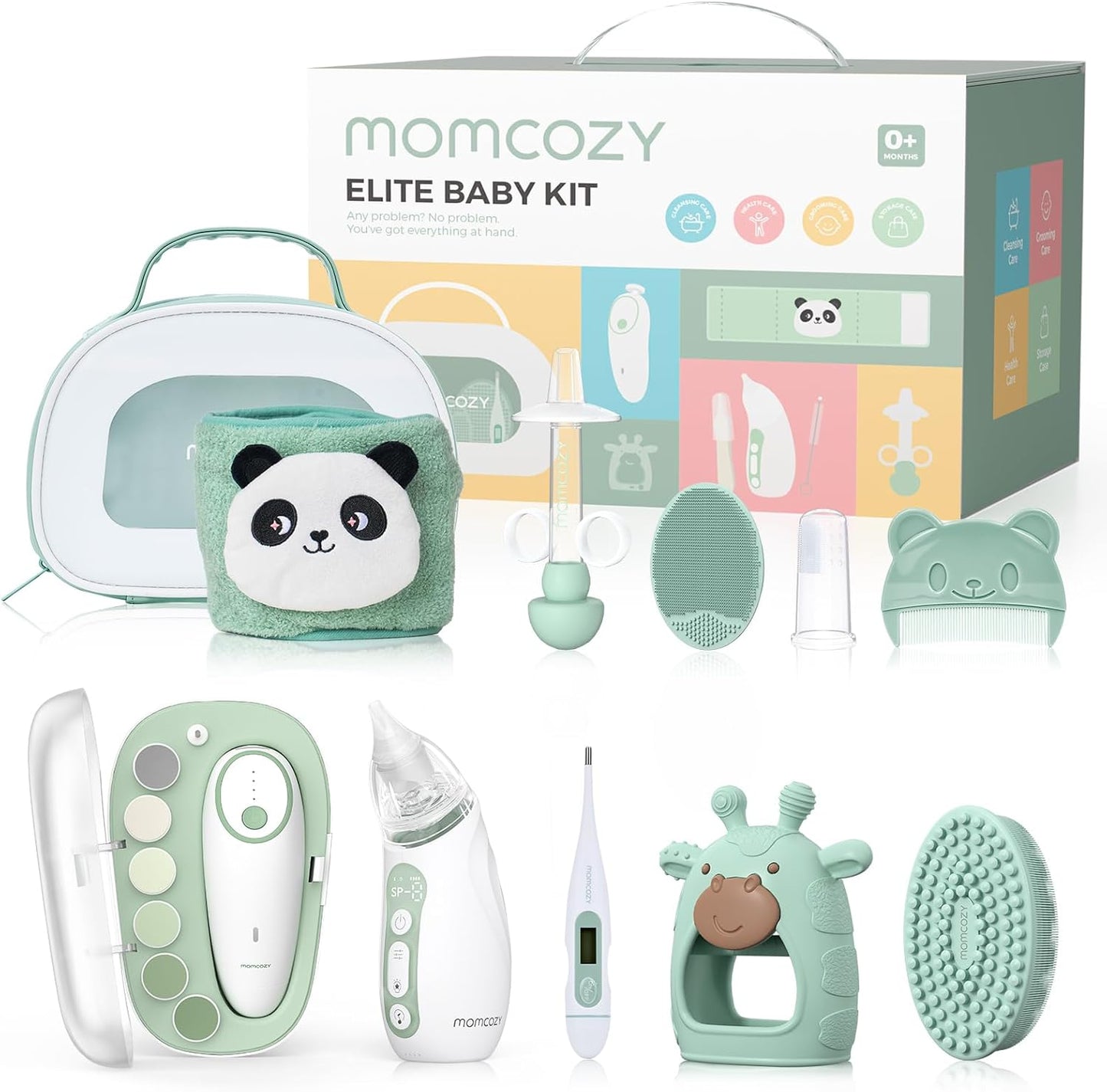 Momcozy Elite Baby Kit - Essential Grooming & Health Care Set | Electric Nail File, Nasal Aspirator, Tummy Wrap, Thermometer, Bath Brush, Teether, Storage Bag