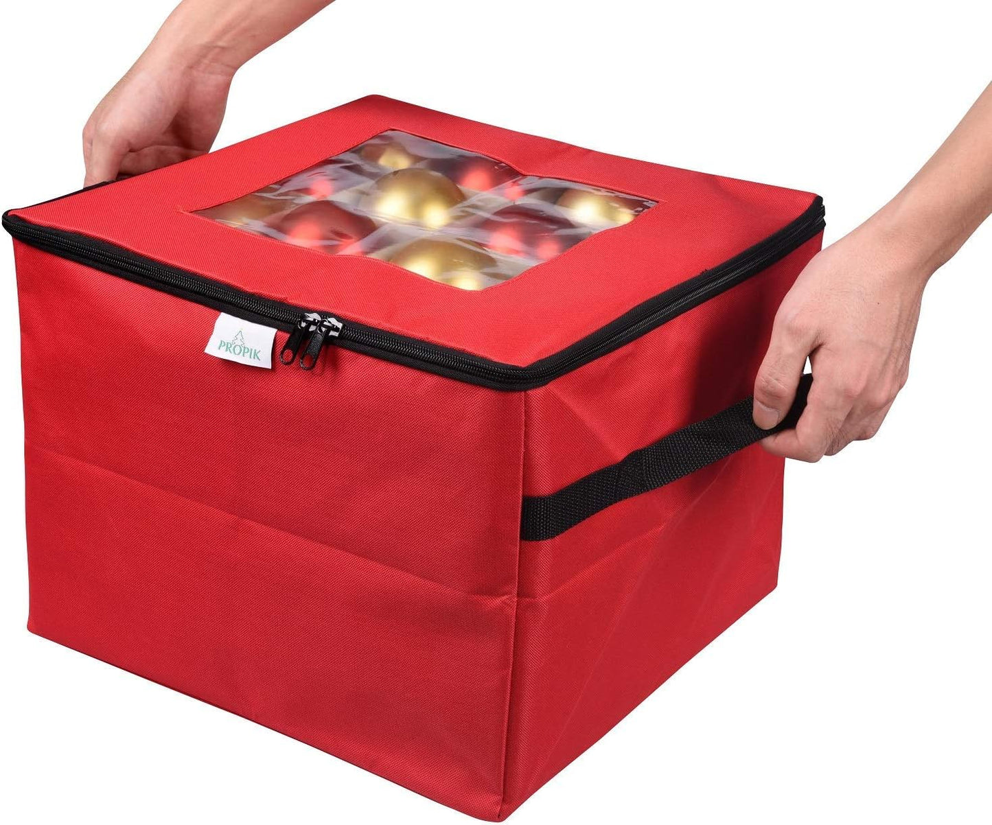 ProPik Christmas Ornament Storage Box - Organizes Up to 48 Xmas Balls with 3 Removable Trays | Red