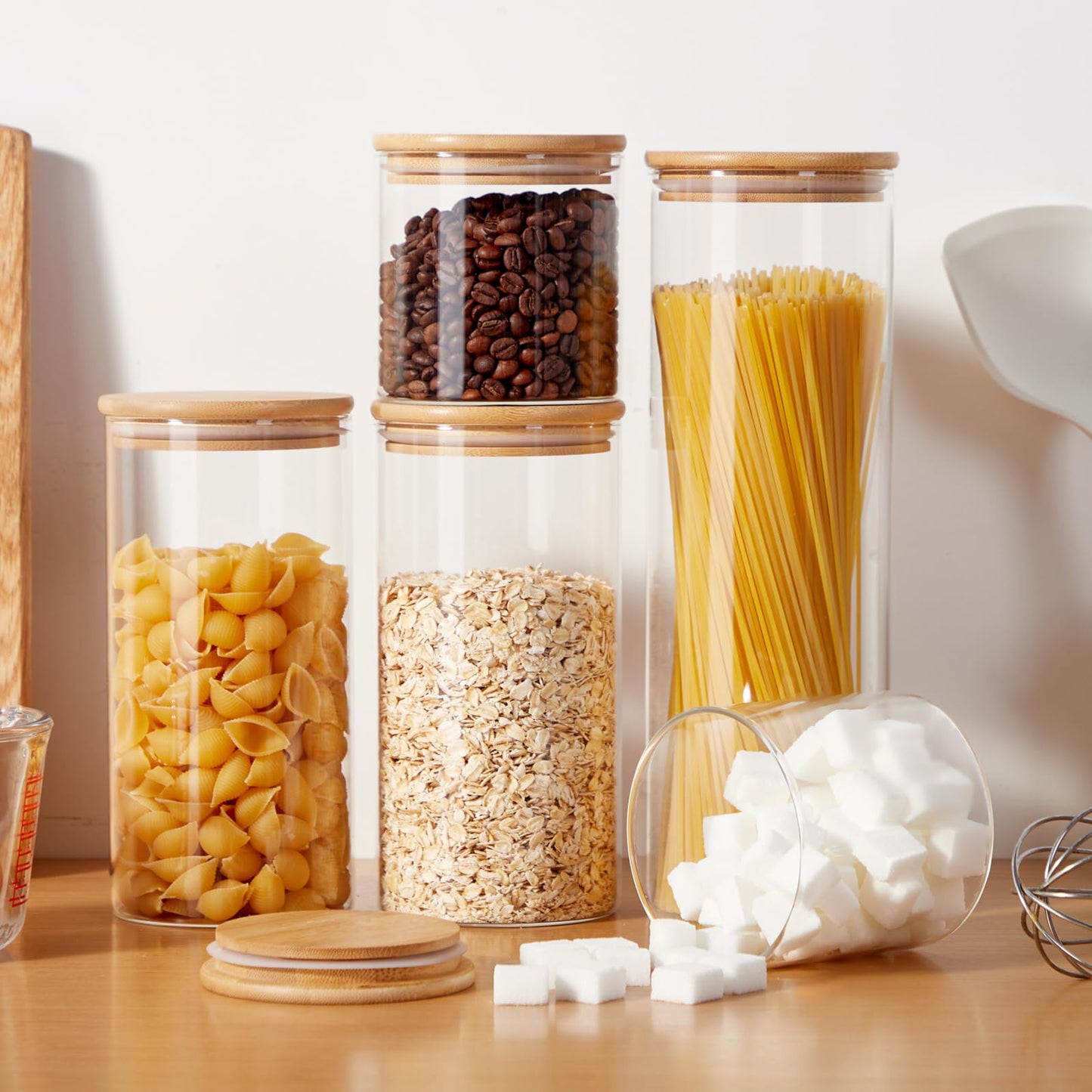 Spreccio Glass Food Storage Jars with Lids[Set of 5], Perfect for Pasta, Cookies, Nuts, Coffee, Cereal, Flour, and More, Organize Your Kitchen and Pantry with these BPA-Free Glass Canisters
