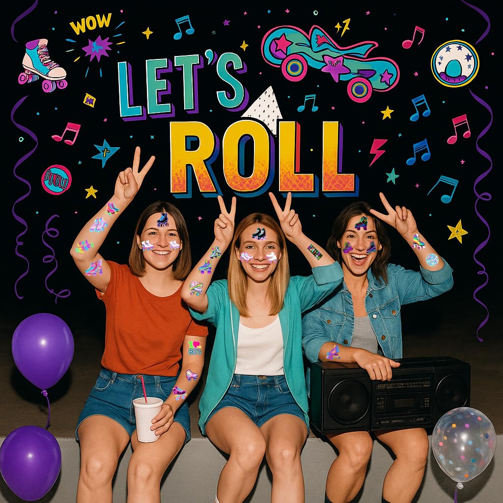 Neon Roller Skate Temporary Tattoos - 8 Sheets (96PCS) 80s 90s Theme Birthday Party Decorations Supplies Favors Stickers for Kids Girls Boys Gifts Classroom School Prizes Rewards