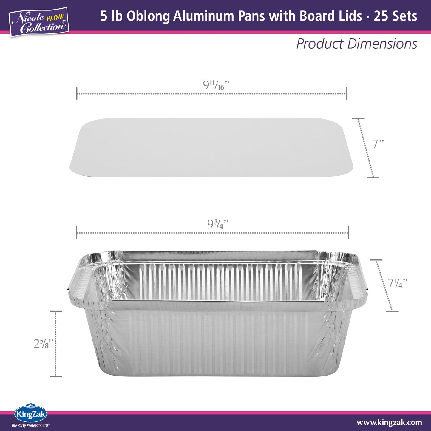 Nicole Home Collection Aluminum Pans With Lids - 25 Count - 5LB (10" x7.5) Oblong Pans - To Go Containers With Lids - Disposable Tin Foil Pans - Perfect For Catering, Meal Prep, Baking, Freezer Safe