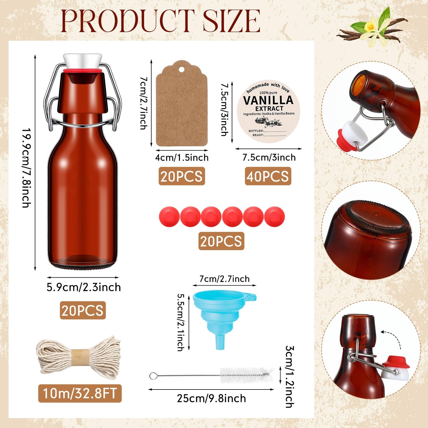 Vesici 12 Sets Swing Top Glass Bottles Set Amber Homemade Vanilla Extract Bottles Vanilla Extract Jars for Christmas DIY Crafts (8 Oz)