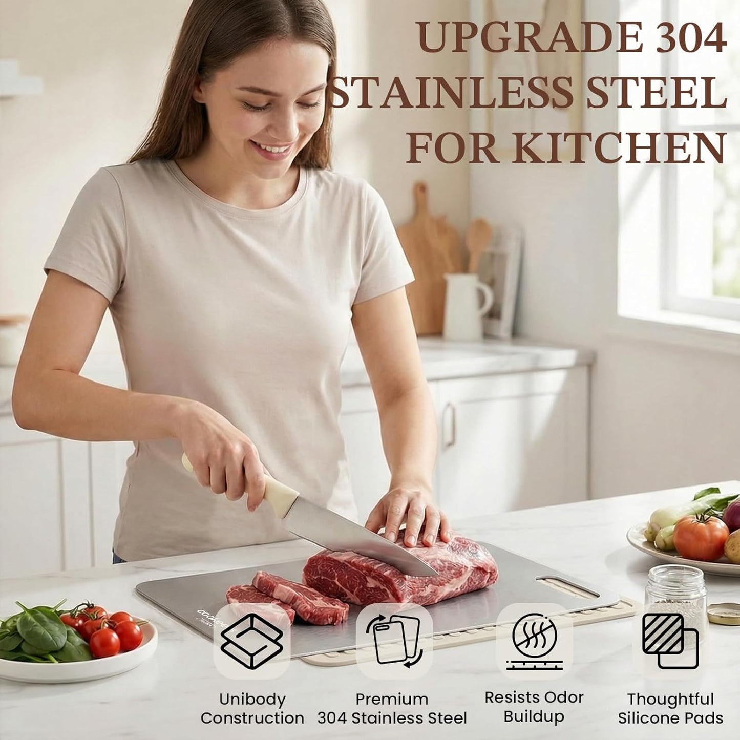Stainless Steel Cutting Board - Non-Toxic, Odor-Resistant Kitchen Chopping Board | 13.5”L x 10”W, Dishwasher Safe