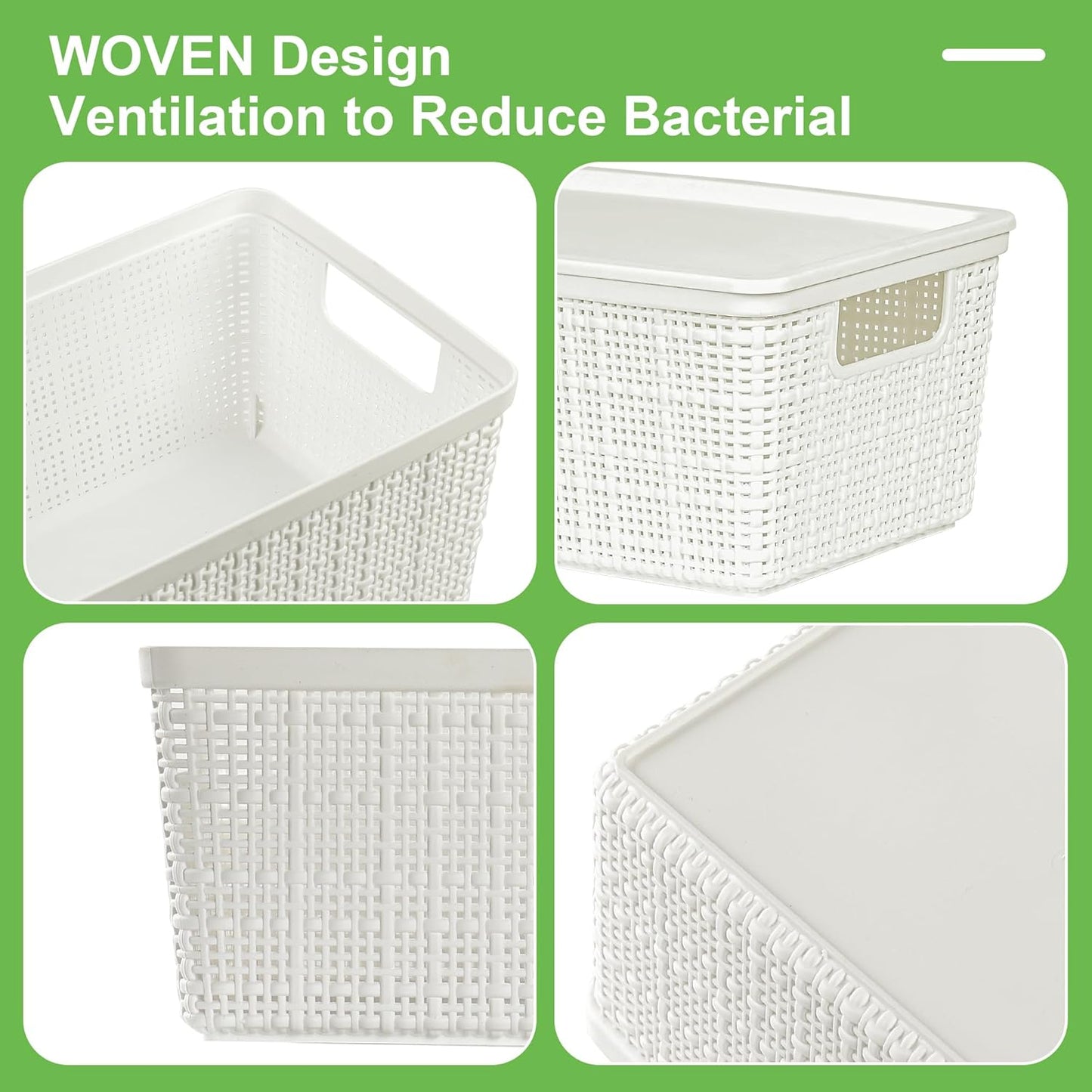 Skiennix 6-Pack Plastic Storage Baskets - Stackable White Bins with Lids for Organizing Desktops & Closets