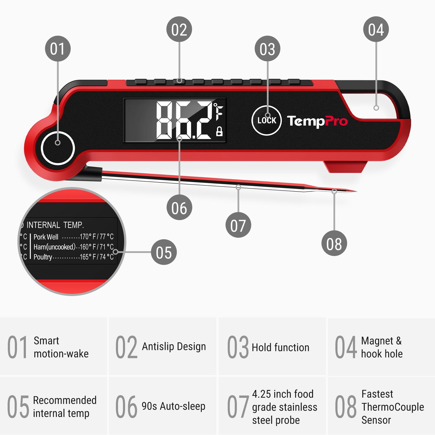 TempPro TP620 Instant Read Meat Thermometer Digital, Cooking Thermometer with Large Auto-Rotating LCD Display, Waterproof Food Thermometer Digital for Kitchen, BBQ, or Grill (Previously ThermoPro)