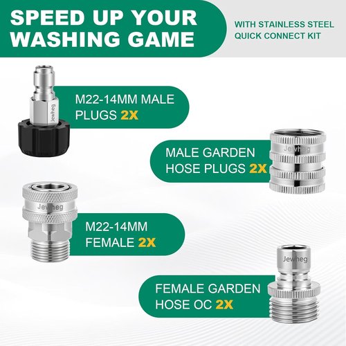Jewheg Pressure Washer Quick Connect Kit - Upgraded Stainless Steel Adapter Set | M22 Swivel 14mm to 3/8 Inch