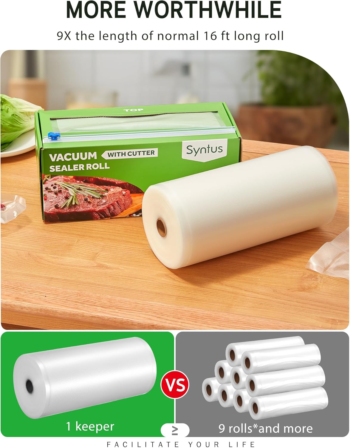 Syntus Food Vacuum Seal Roll - 11" x 150' BPA-Free Bags with Cutter Dispenser for Meal Prep & Storage
