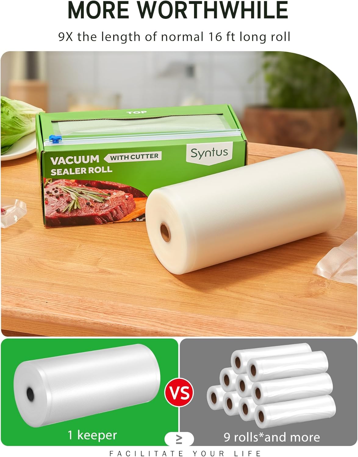 Syntus Food Vacuum Seal Roll - 8" x 150' with Cutter Dispenser | BPA-Free for Meal Prep & Storage